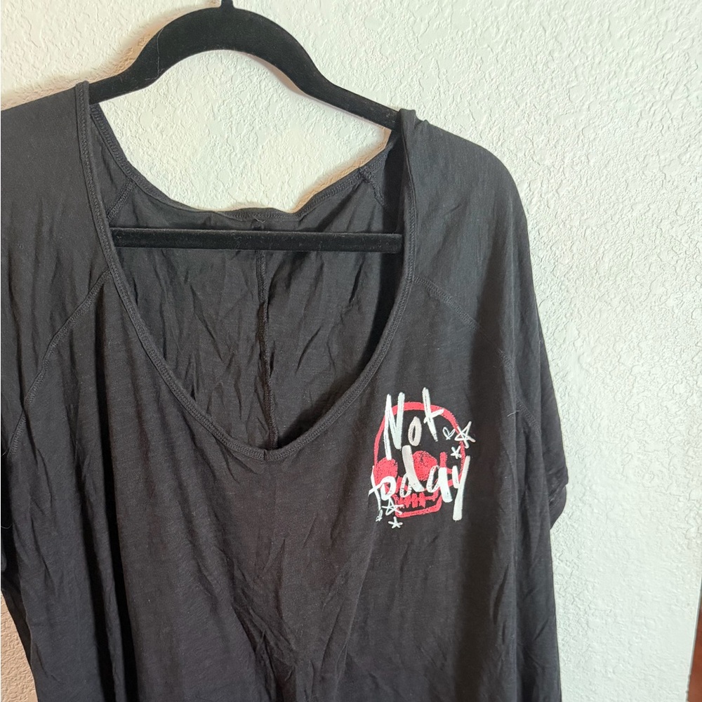Black Graphic V-Neck Tee with Red White Accent